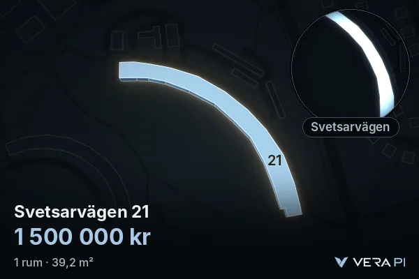 VERA PI's image of Svetsarvägen 21: the building in 3D, lit in blue, and the map around it