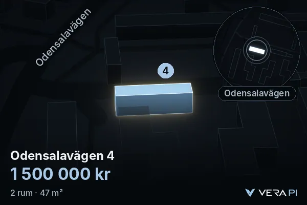 VERA PI's image of Odensalavägen 4: the building in 3D, lit in blue, and the map around it