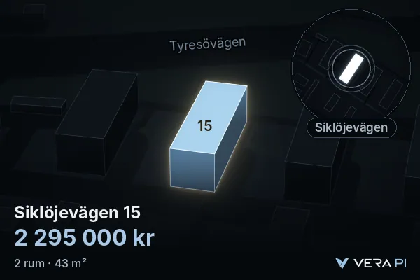 VERA PI's image of Siklöjevägen 15: the building in 3D, lit in blue, and the map around it