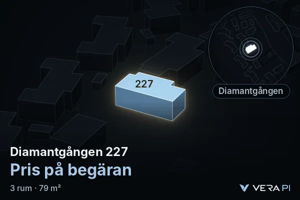 VERA PI:s bild av Diamantgången 227: huset i 3D, upplyst i blått, och kartan runt omkring