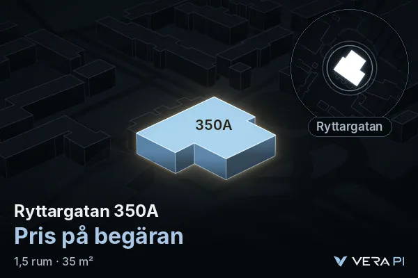 VERA PI:s bild av Ryttargatan 350A: huset i 3D, upplyst i blått, och kartan runt omkring