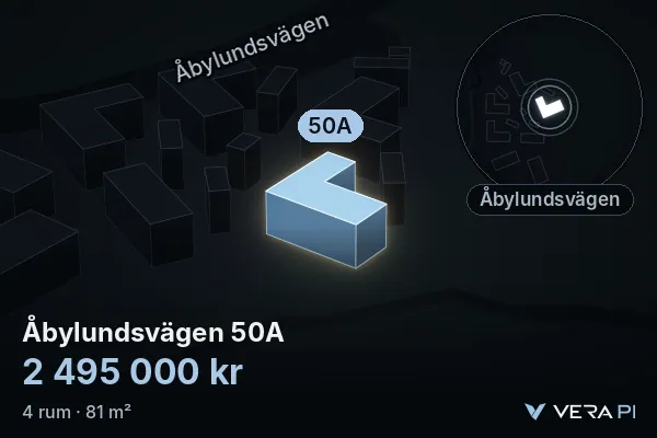 VERA PI's image of Åbylundsvägen 50A: the building in 3D, lit in blue, and the map around it
