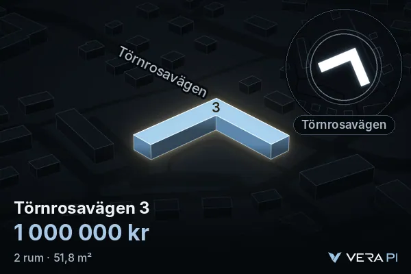 VERA PI:s bild av Törnrosavägen 3: huset i 3D, upplyst i blått, och kartan runt omkring