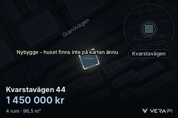 VERA PI's image of Kvarstavägen 44: the building in 3D, lit in blue, and the map around it