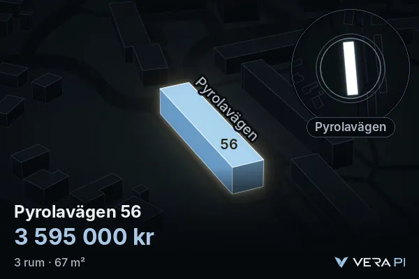 VERA PI:s bild av Pyrolavägen 56: huset i 3D, upplyst i blått, och kartan runt omkring