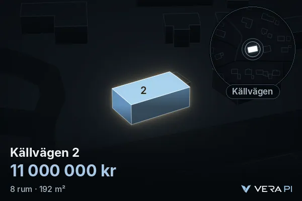 VERA PI's image of Källvägen 2: the building in 3D, lit in blue, and the map around it