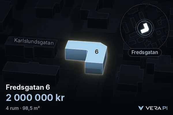VERA PI's image of Fredsgatan 6: the building in 3D, lit in blue, and the map around it