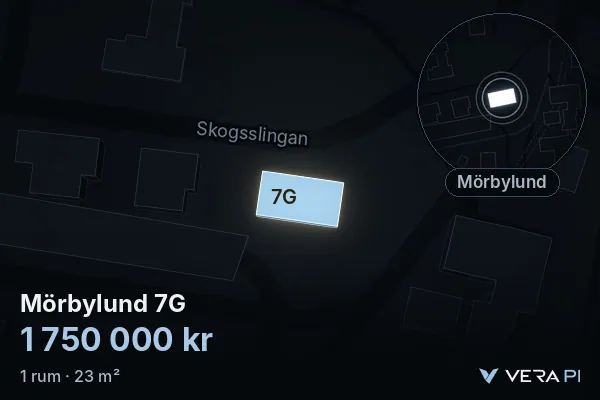 VERA PI's image of Mörbylund 7G: the building in 3D, lit in blue, and the map around it