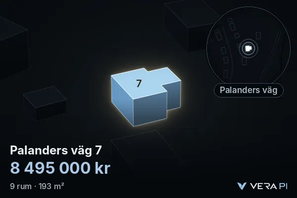 VERA PI:s bild av Palanders väg 7: huset i 3D, upplyst i blått, och kartan runt omkring