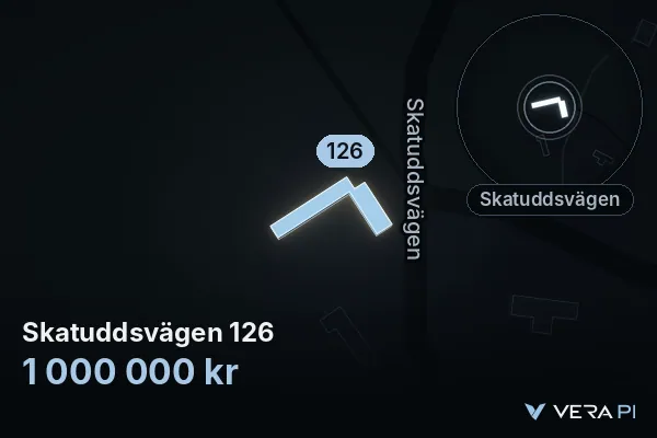 VERA PI's image of Skatuddsvägen 126: the building in 3D, lit in blue, and the map around it