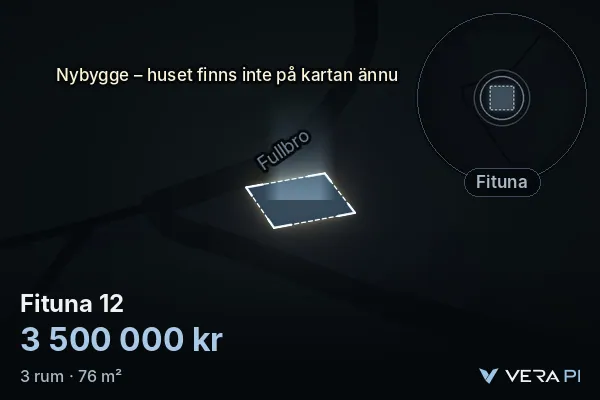 VERA PI:s bild av Fituna 12: huset i 3D, upplyst i blått, och kartan runt omkring