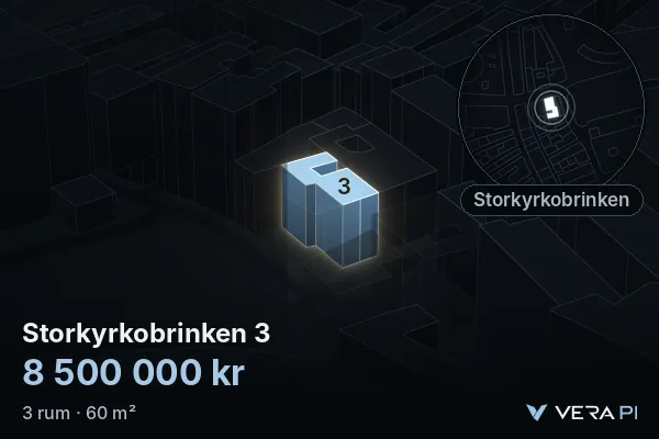 VERA PI:s bild av Storkyrkobrinken 3: huset i 3D, upplyst i blått, och kartan runt omkring