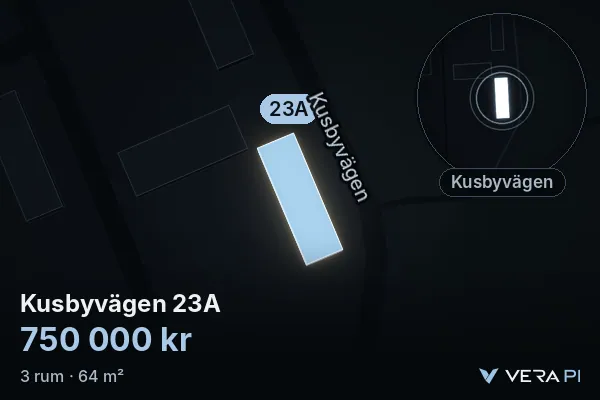 VERA PI:s bild av Kusbyvägen 23A: huset i 3D, upplyst i blått, och kartan runt omkring