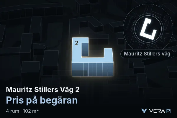 VERA PI's image of Mauritz Stillers Väg 2: the building in 3D, lit in blue, and the map around it