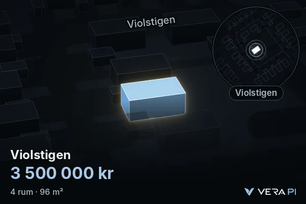 VERA PI:s bild av Violstigen: huset i 3D, upplyst i blått, och kartan runt omkring