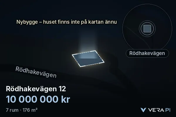 VERA PI:s bild av Rödhakevägen 12: huset i 3D, upplyst i blått, och kartan runt omkring