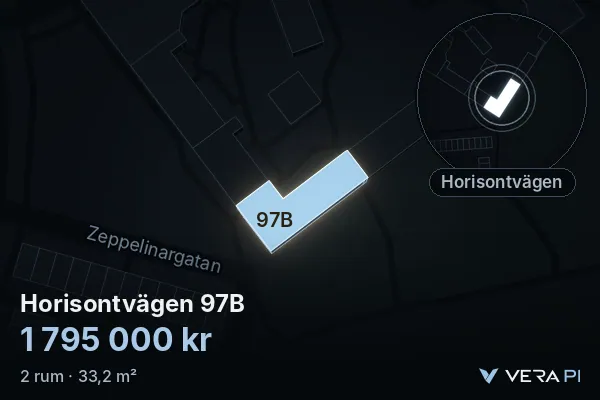 VERA PI:s bild av Horisontvägen 97B: huset i 3D, upplyst i blått, och kartan runt omkring