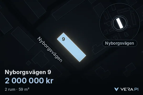 VERA PI:s bild av Nyborgsvägen 9: huset i 3D, upplyst i blått, och kartan runt omkring