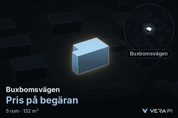 VERA PI's image of Buxbomsvägen: the building in 3D, lit in blue, and the map around it