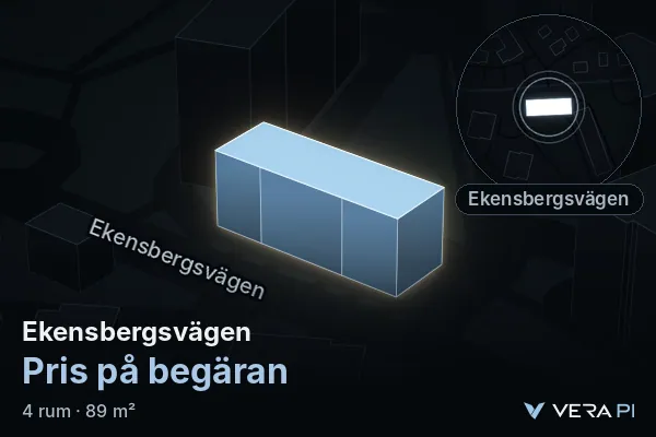 VERA PI's image of Ekensbergsvägen: the building in 3D, lit in blue, and the map around it