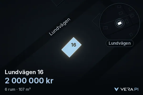 VERA PI's image of Lundvägen 16: the building in 3D, lit in blue, and the map around it