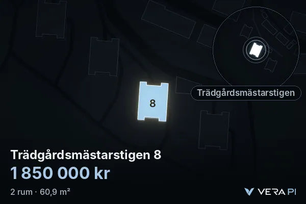 VERA PI's image of Trädgårdsmästarstigen 8: the building in 3D, lit in blue, and the map around it
