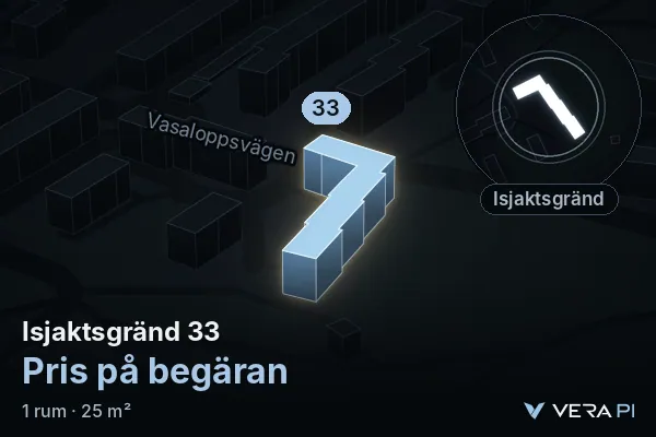 VERA PI's image of Isjaktsgränd 33: the building in 3D, lit in blue, and the map around it