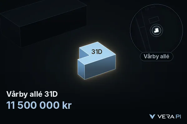 VERA PI:s bild av Vårby allé 31D: huset i 3D, upplyst i blått, och kartan runt omkring