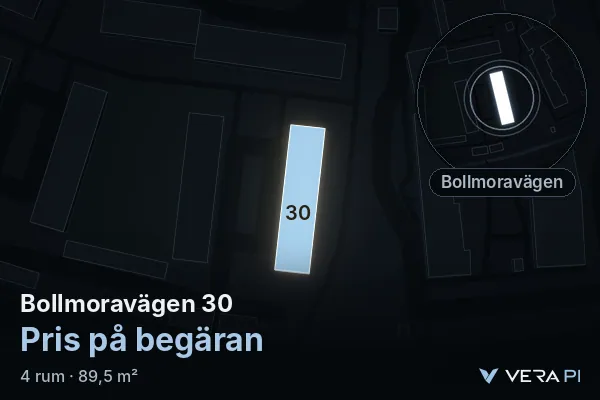 VERA PI's image of Bollmoravägen 30: the building in 3D, lit in blue, and the map around it