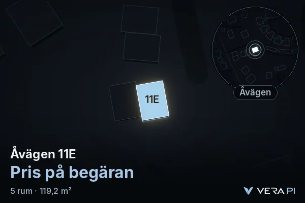 VERA PI's image of Åvägen 11E: the building in 3D, lit in blue, and the map around it