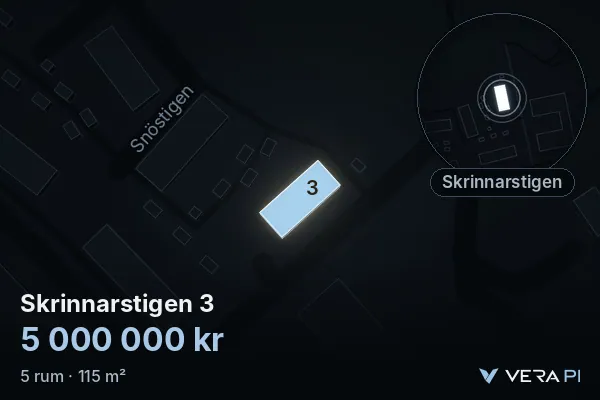 VERA PI's image of Skrinnarstigen 3: the building in 3D, lit in blue, and the map around it