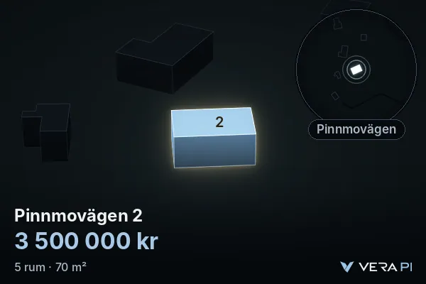 VERA PI:s bild av Pinnmovägen 2: huset i 3D, upplyst i blått, och kartan runt omkring
