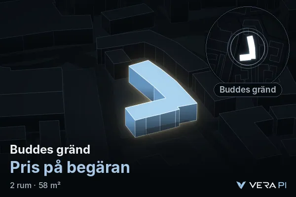 VERA PI's image of Buddes gränd: the building in 3D, lit in blue, and the map around it