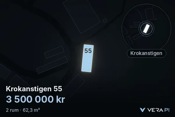 VERA PI's image of Krokanstigen 55: the building in 3D, lit in blue, and the map around it