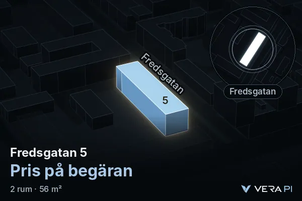 VERA PI's image of Fredsgatan 5: the building in 3D, lit in blue, and the map around it