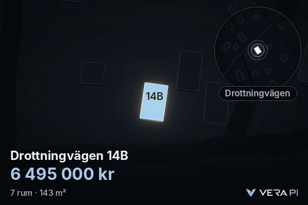 VERA PI:s bild av Drottningvägen 14B: huset i 3D, upplyst i blått, och kartan runt omkring