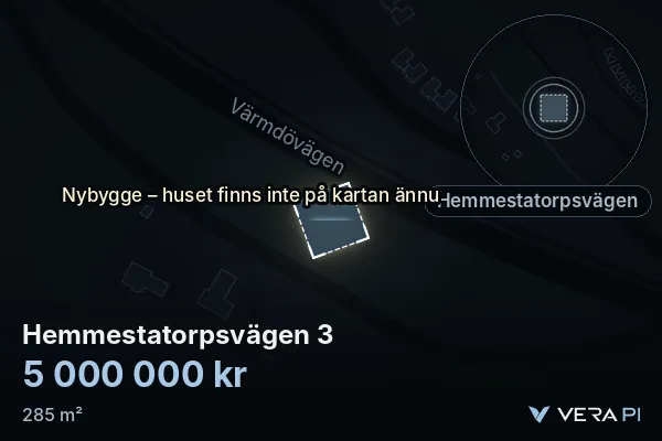 VERA PI:s bild av Hemmestatorpsvägen 3: huset i 3D, upplyst i blått, och kartan runt omkring