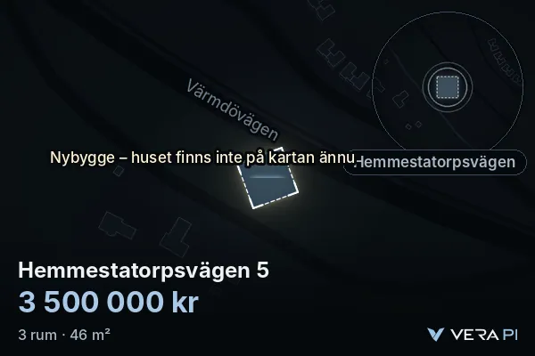 VERA PI's image of Hemmestatorpsvägen 5: the building in 3D, lit in blue, and the map around it