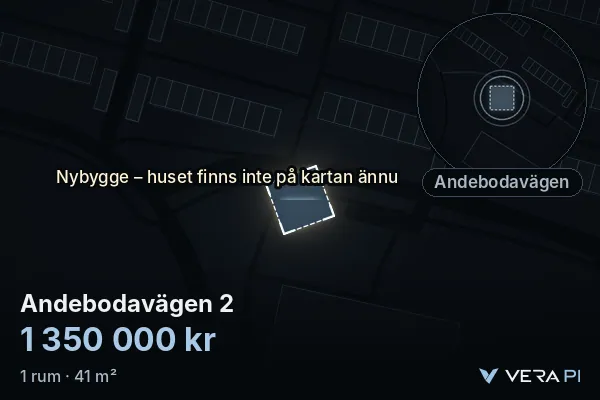 VERA PI's image of Andebodavägen 2: the building in 3D, lit in blue, and the map around it