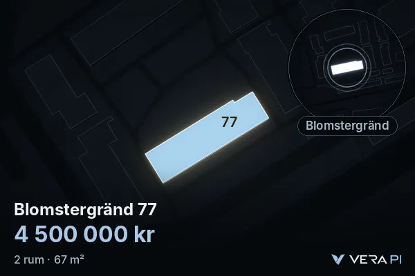 VERA PI:s bild av Blomstergränd 77: huset i 3D, upplyst i blått, och kartan runt omkring