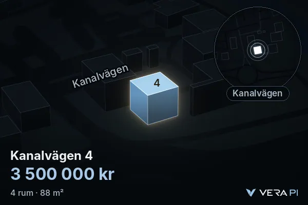 VERA PI's image of Kanalvägen 4: the building in 3D, lit in blue, and the map around it