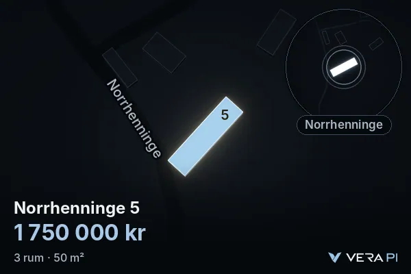 VERA PI:s bild av Norrhenninge 5: huset i 3D, upplyst i blått, och kartan runt omkring
