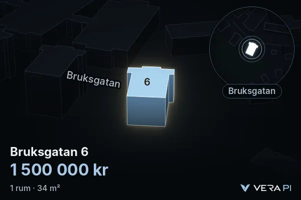 VERA PI's image of Bruksgatan 6: the building in 3D, lit in blue, and the map around it