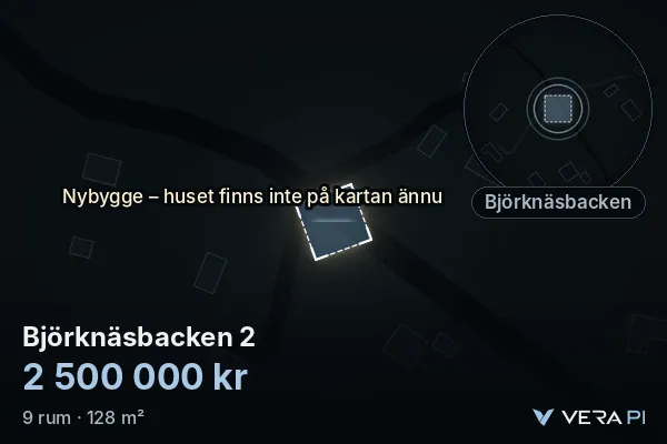 VERA PI:s bild av Björknäsbacken 2: huset i 3D, upplyst i blått, och kartan runt omkring