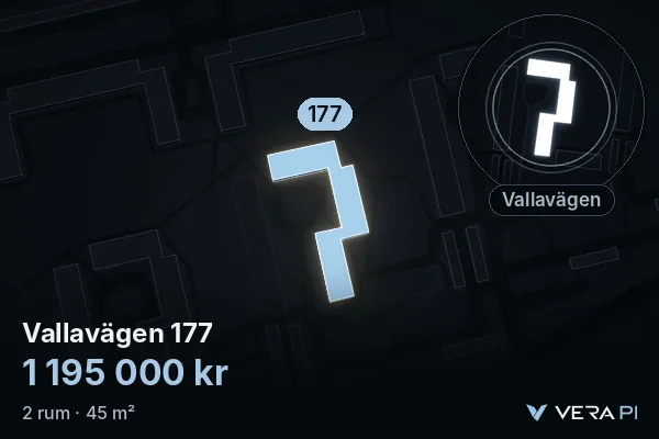 VERA PI:s bild av Vallavägen 177: huset i 3D, upplyst i blått, och kartan runt omkring