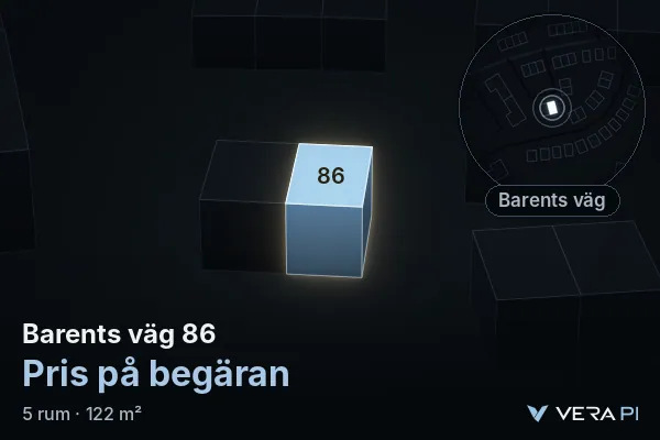VERA PI:s bild av Barents väg 86: huset i 3D, upplyst i blått, och kartan runt omkring