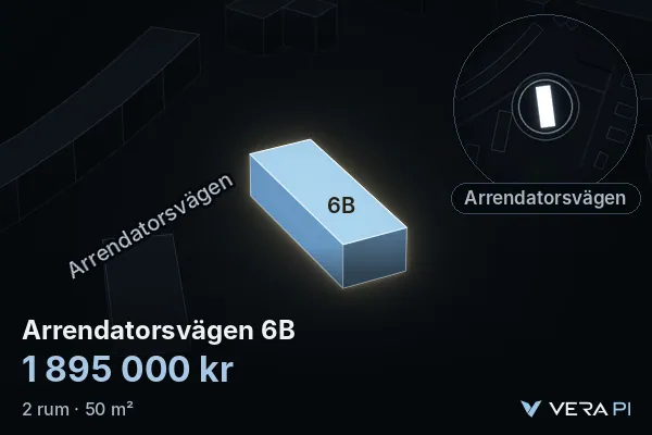 VERA PI:s bild av Arrendatorsvägen 6B: huset i 3D, upplyst i blått, och kartan runt omkring