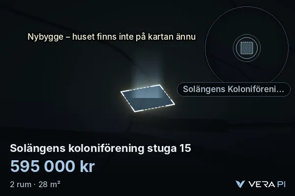 VERA PI:s bild av Solängens koloniförening stuga 15: huset i 3D, upplyst i blått, och kartan runt omkring
