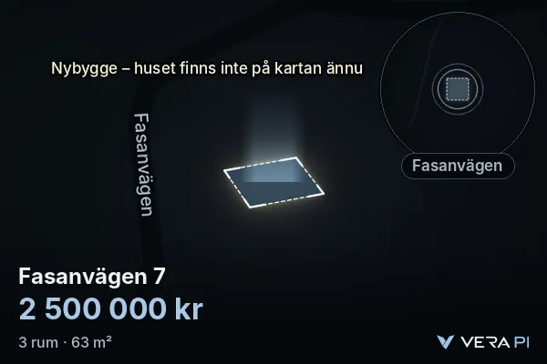 VERA PI:s bild av Fasanvägen 7: huset i 3D, upplyst i blått, och kartan runt omkring