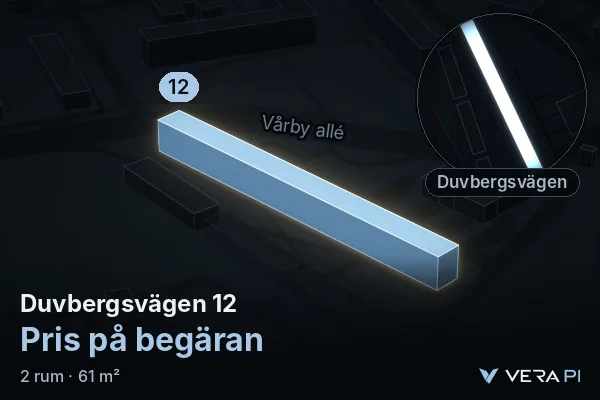 VERA PI:s bild av Duvbergsvägen 12: huset i 3D, upplyst i blått, och kartan runt omkring